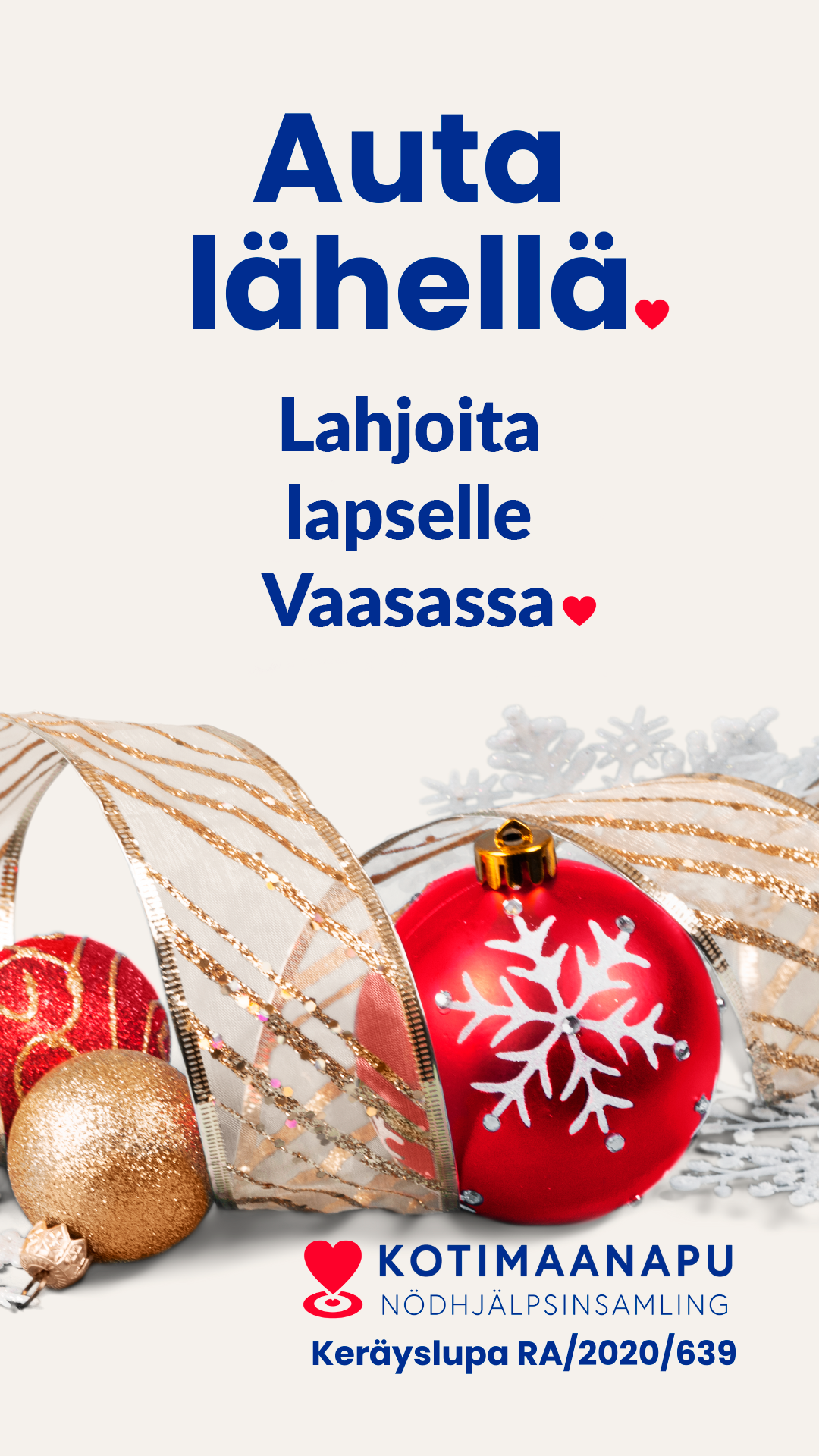 Lahjoita lapsille Vaasassa -kampanjaan voi lahjoittaa 24.12.2025 saakka logo ja joulupalloja kuvituksena.