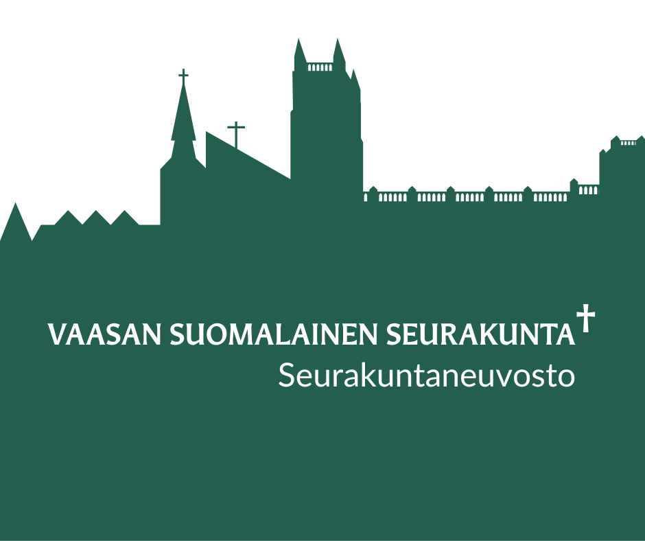 Vaasan kaupungin graafinen siluetti, seurakunnan logo ja teksti seurakuntaneuvosto