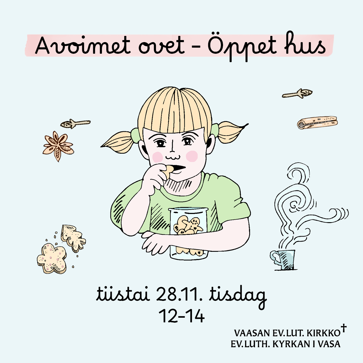 Kutsukuva jossa lapsi syö piparkakkua