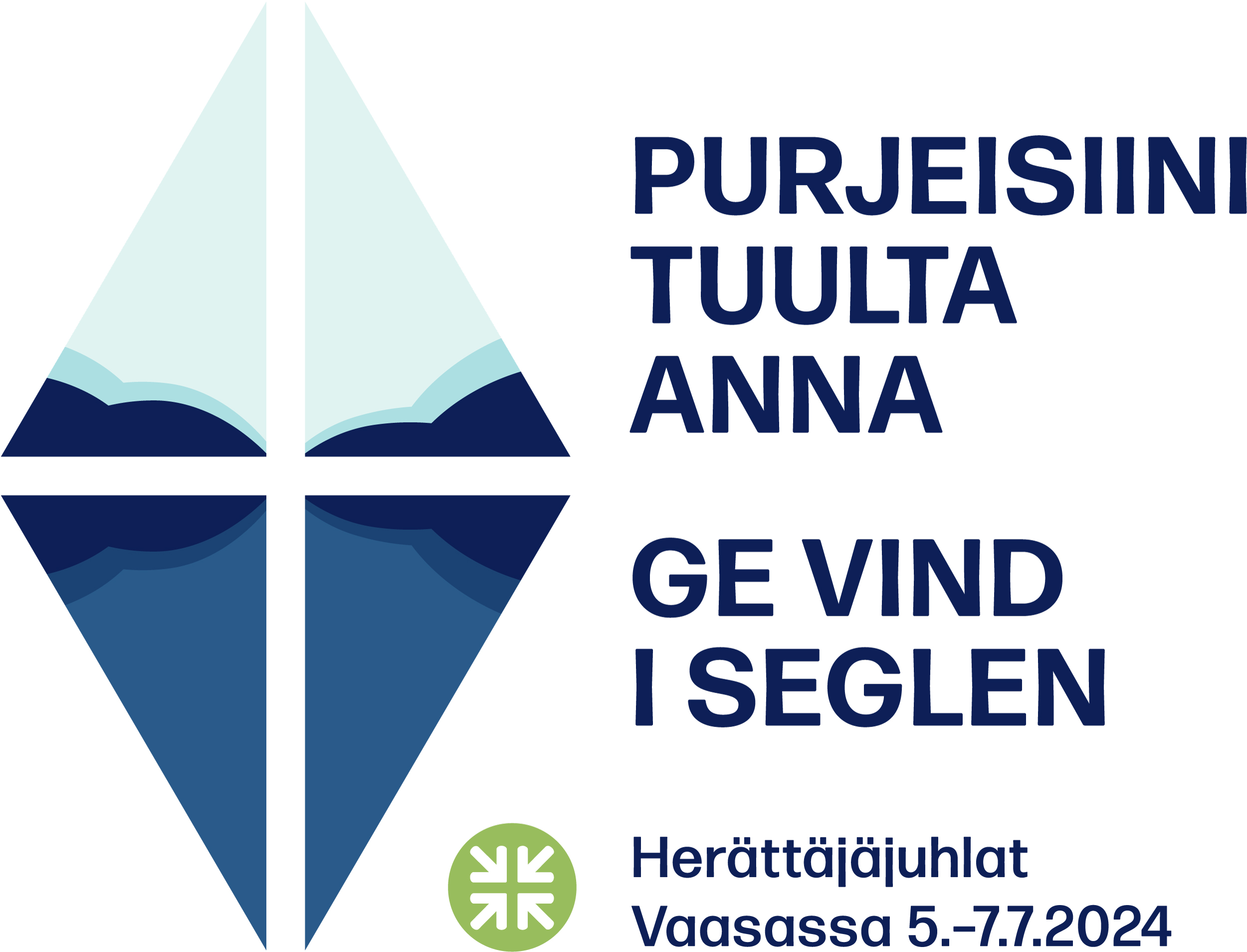 Logossa tuulesta pullistuneet purjeet ja teksti Purjeisiini tuulta anna Ge vind i Seglen. Herättäjäjuhlat V...