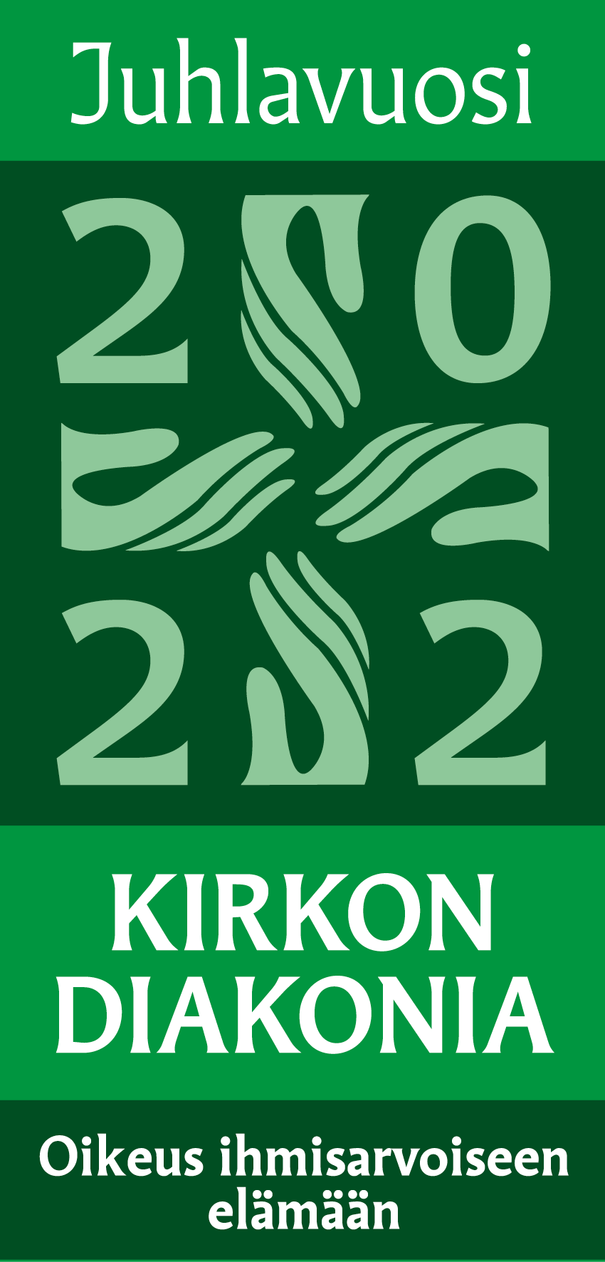 Logo: Kirkon diakonia, oikeus ihmisarvoiseen elämään, 2022 ja piirretyt kädet