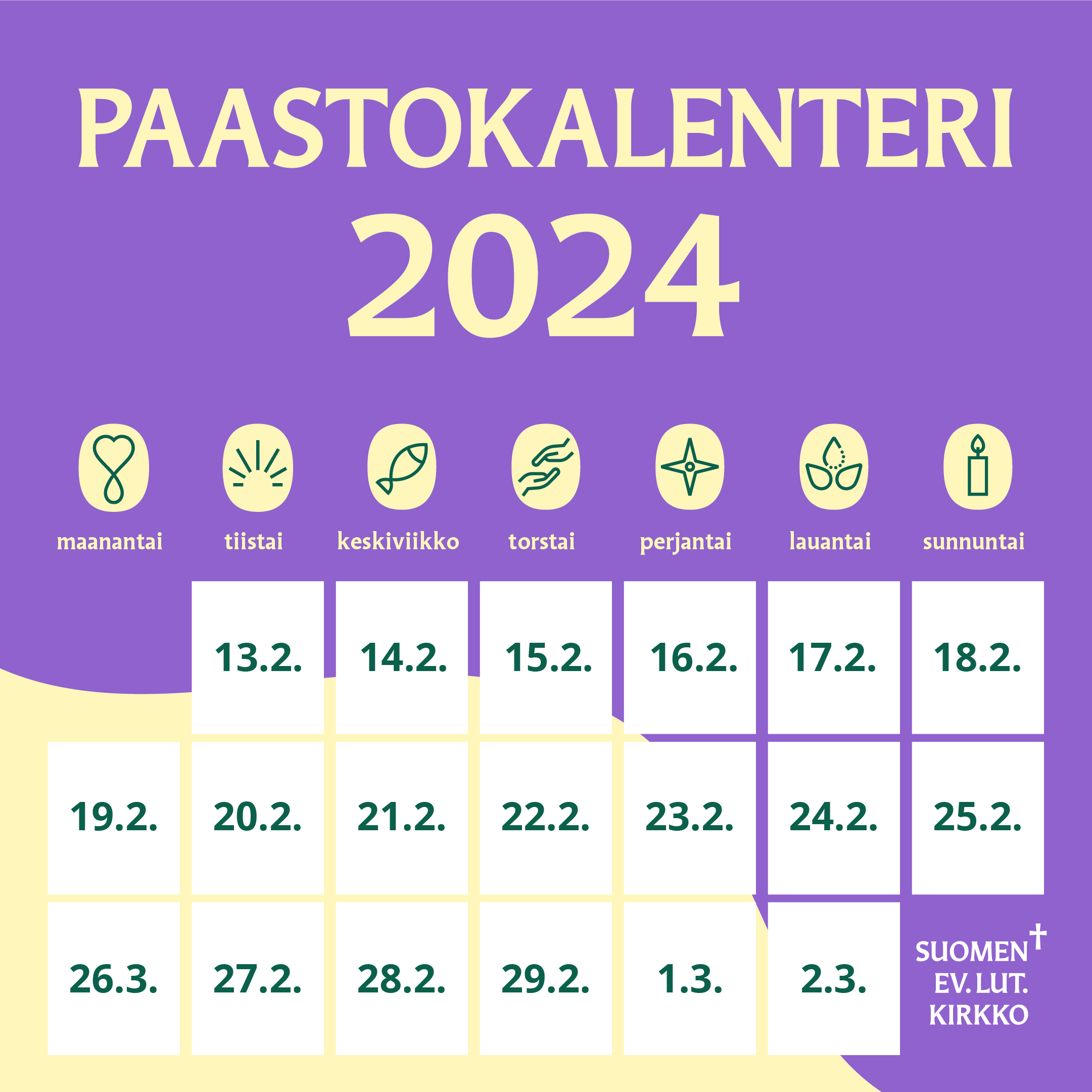 Paastokalenterijuliste, jossa luukkupäivämäärät