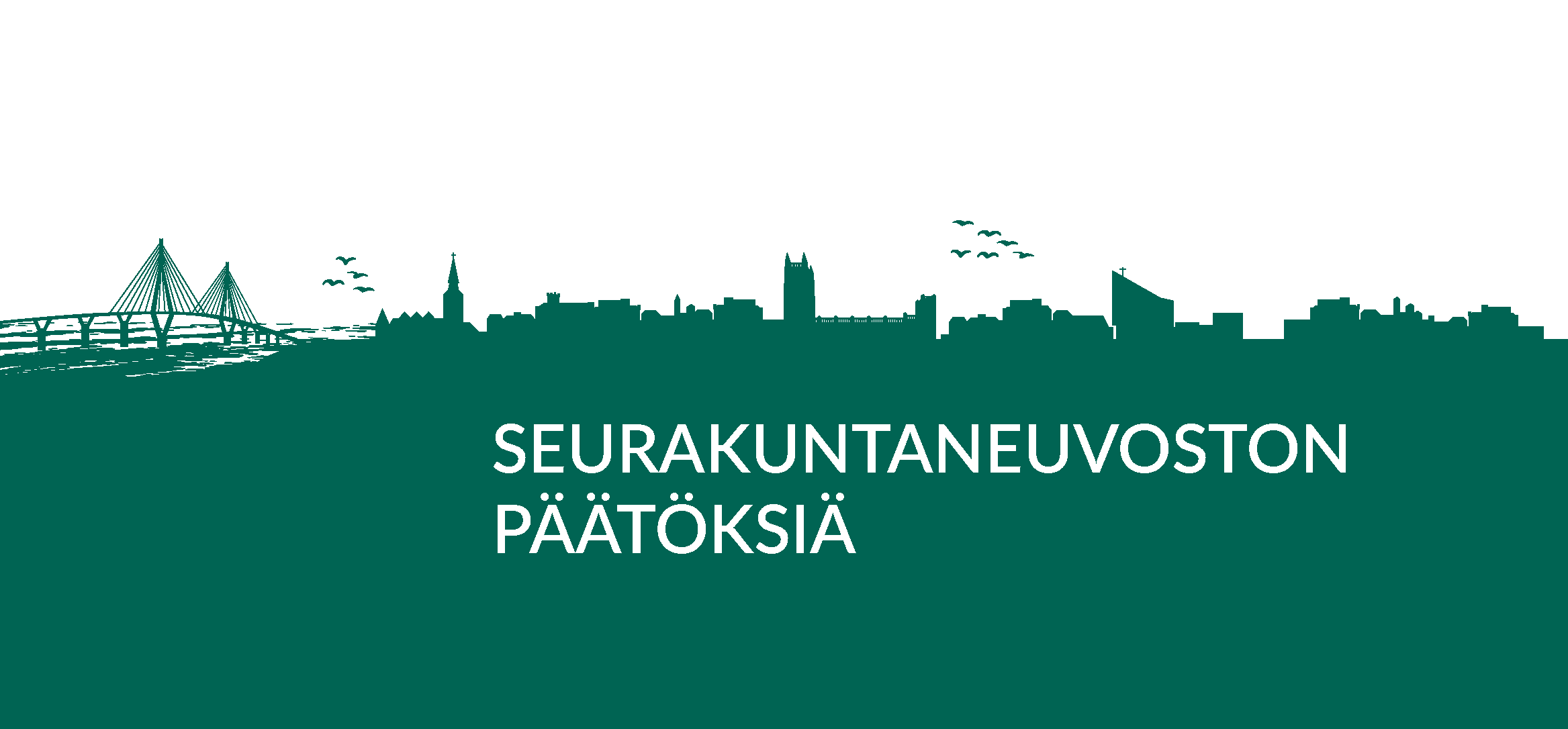 Kaupungin graafinen siluetti ja seurakuntaneuvoston päätöksiä -teksti