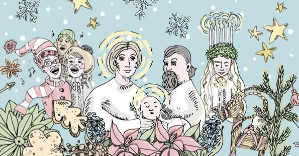 Joulukalenterin kuvitusmaailmaa: Maria, Joosef ja Jeesus-lapsi joulunesineiden keskellä
